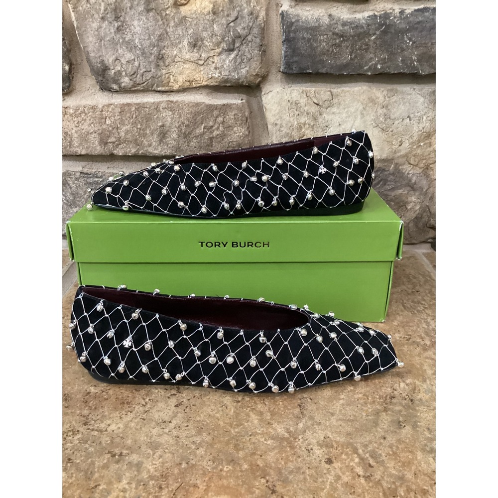Tory Burch Bell Flat Womens Size 9 Suede Perfect Black Silver 167806 New